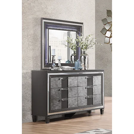 Glam Metallic Gray 6-Drawer Dresser + Mirror Set